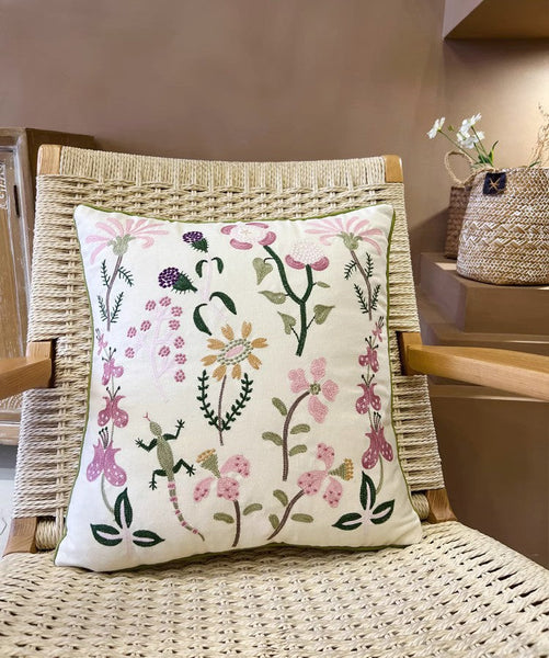 Embroider Flower Cotton Pillow Covers, Spring Flower Decorative Throw Pillows, Farmhouse Sofa Decorative Pillows, Flower Decorative Throw Pillows for Couch-artworkcanvas