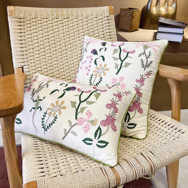 Embroider Flower Cotton Pillow Covers, Spring Flower Decorative Throw Pillows, Farmhouse Sofa Decorative Pillows, Flower Decorative Throw Pillows for Couch-artworkcanvas
