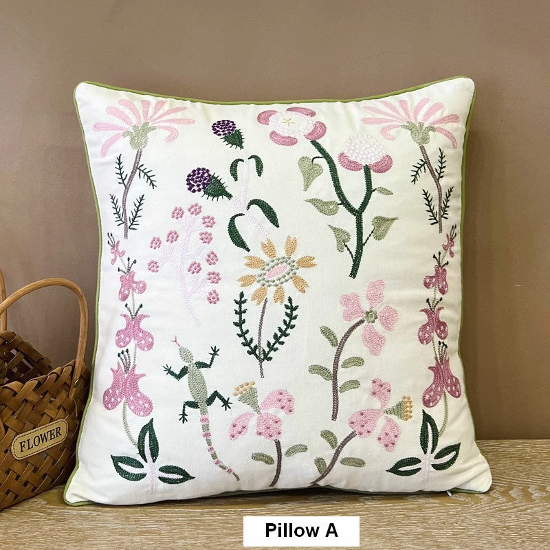 Embroider Flower Cotton Pillow Covers, Spring Flower Decorative Throw Pillows, Farmhouse Sofa Decorative Pillows, Flower Decorative Throw Pillows for Couch-artworkcanvas