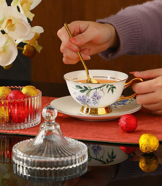 Ceramic Coffee Cup and Saucer, Flower Porcelain Cup and Saucer Set, 7.4 oz British Flower Tea Cups, Floral Porcelain Tea Cup and Saucer Set-artworkcanvas