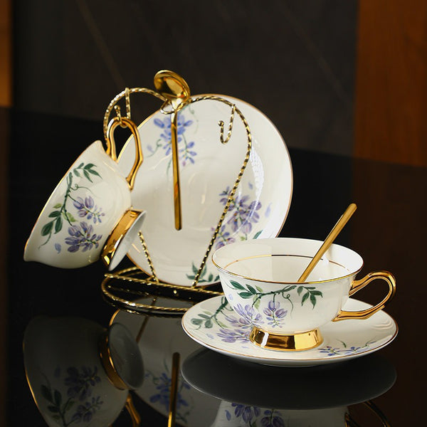 Ceramic Coffee Cup and Saucer, Flower Porcelain Cup and Saucer Set, 7.4 oz British Flower Tea Cups, Floral Porcelain Tea Cup and Saucer Set-artworkcanvas