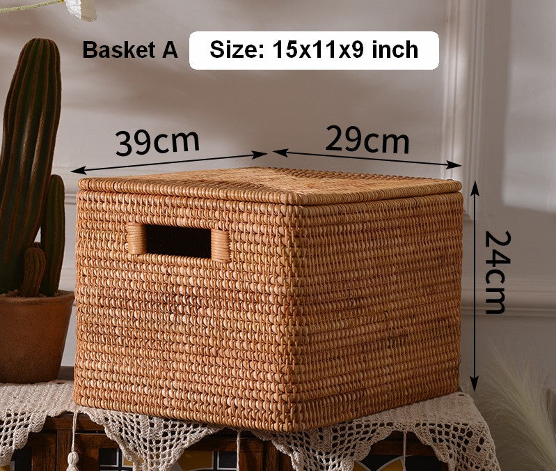 Rattan Rectangular Storage Basket with Lid, Extra Large Storage Baskets for Clothes, Storage Baskets for Bedroom, Woven Storage Baskets for Living Room-artworkcanvas