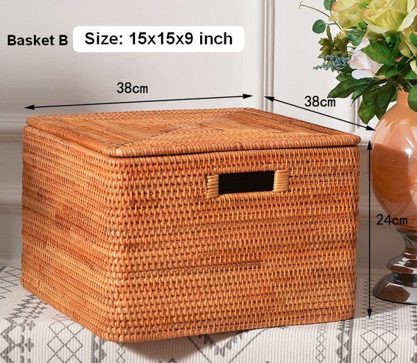 Rattan Rectangular Storage Basket with Lid, Extra Large Storage Baskets for Clothes, Storage Baskets for Bedroom, Woven Storage Baskets for Living Room-artworkcanvas
