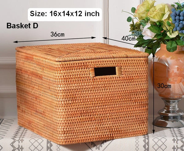Rattan Rectangular Storage Basket with Lid, Extra Large Storage Baskets for Clothes, Storage Baskets for Bedroom, Woven Storage Baskets for Living Room-artworkcanvas