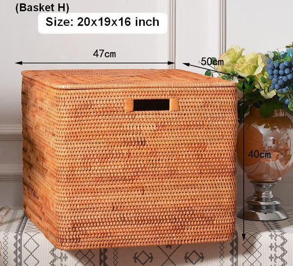 Large Storage Baskets for Clothes, Laundry Woven Baskets, Rattan Storage Baskets for Shelves, Kitchen Storage Baskets, Rectangular Storage Basket with Lid-artworkcanvas