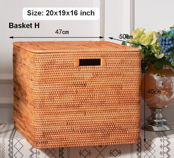 Rattan Rectangular Storage Basket with Lid, Extra Large Storage Baskets for Clothes, Storage Baskets for Bedroom, Woven Storage Baskets for Living Room-artworkcanvas