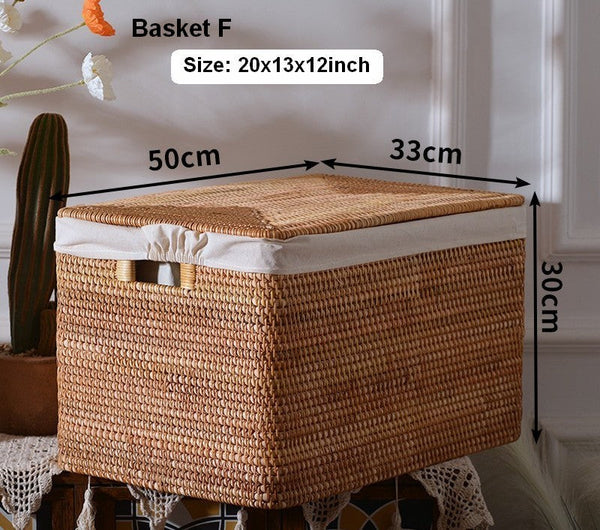 Rattan Rectangular Storage Basket with Lid, Extra Large Storage Baskets for Clothes, Storage Baskets for Bedroom, Woven Storage Baskets for Living Room-artworkcanvas