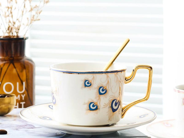 British Tea Cups, Coffee Cups with Gold Trim and Gift Box, Peacock Tail Pattern Porcelain Coffee Cups, Tea Cups and Saucers-artworkcanvas