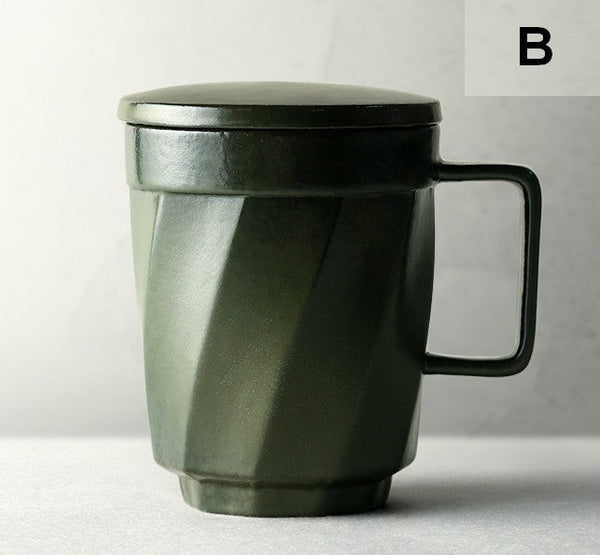 Unique Tea Cup, Large Capacity Coffee Mug with Cover, Large Modern Handmade Pottery Coffee Cup, Creative Brown Green Blue Black Ceramic Coffee Mugs-artworkcanvas