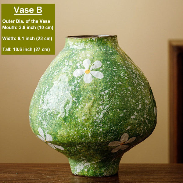 Modern Pottery Flower Vases, Centerpiece on Dining Table, Handmade Water Holding Flower Vases, Pottery Bud Vases, Large Green Flower Vases on Table-artworkcanvas