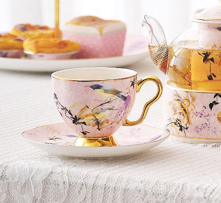 Elegant Pink Ceramic Coffee Cups, Unique Bird Flower Tea Cup and Saucer in Gift Box as Birthday Gift, Beautiful British Tea Cups, Royal Porcelain Tea Cup Set-artworkcanvas