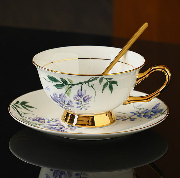 Ceramic Coffee Cup and Saucer, Flower Porcelain Cup and Saucer Set, 7.4 oz British Flower Tea Cups, Floral Porcelain Tea Cup and Saucer Set-artworkcanvas