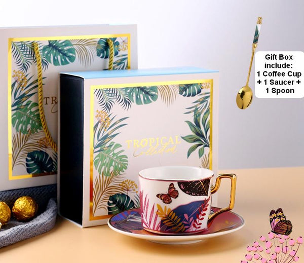 Butterfly Pattern Porcelain Coffee Cups, 7.4 oz Coffee Cups with Gold Trim and Gift Box, Tea Cup and Saucer-artworkcanvas