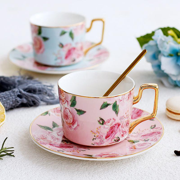 Blue Coffee Cups with Gold Trim and Gift Box, British Tea Cups, Porcelain Coffee Cups, Rose Flower Tea Cup and Saucer, Latte Coffee Cups-artworkcanvas