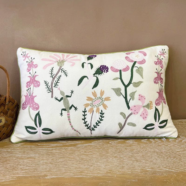Embroider Flower Cotton Pillow Covers, Spring Flower Decorative Throw Pillows, Farmhouse Sofa Decorative Pillows, Flower Decorative Throw Pillows for Couch-artworkcanvas
