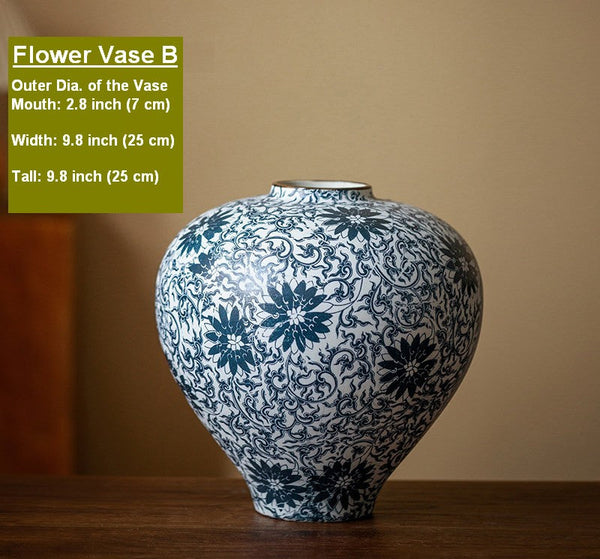 Vintage Bouquet Flower Vases, Centerpiece on Dining Table, Large Blue Flower Vase on Table, Handmade Porcelain Flower Vases Urn, Water Holding Flower Vases-artworkcanvas