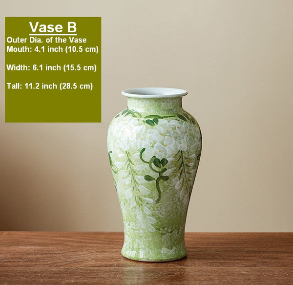 Large Flower Vases on Table, Green Porcelain Flower Vases, Centerpiece Ceramic Bud Vases, Handmade Water Holding Flower Vase-artworkcanvas