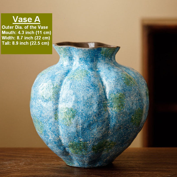 Centerpiece on Dining Table, Blue Flower Vase on Table, Handmade Water Holding Flower Vases, Pottery Flower Vases, Modern Bouquet Flower Vases-artworkcanvas