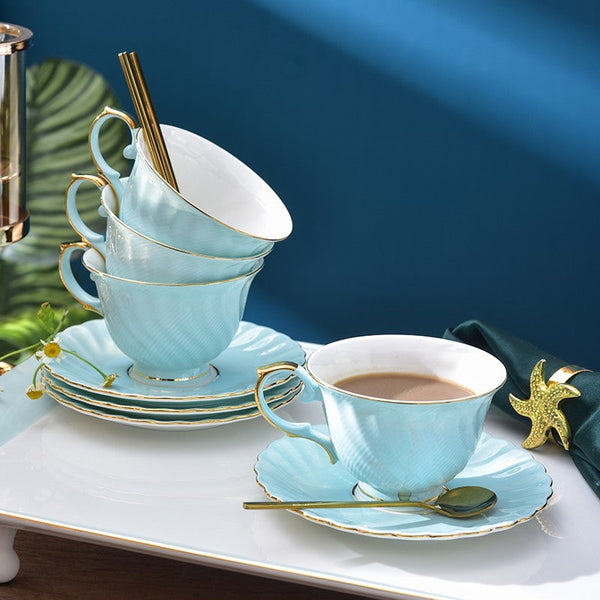 Elegant British Tea Cup and Saucer in Gift Box, Blue Bone China Porcelain Tea Cup Set, Unique British Ceramic Coffee Cups for Afternoon Tea-artworkcanvas