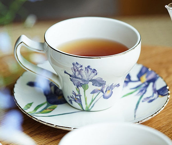 Beautiful Porcelain Tea Cup Saucer Set, Iris Flower British Tea Cups, Traditional English Tea Cup and Saucer, Unique Ceramic Coffee Cups in Gift Box-artworkcanvas