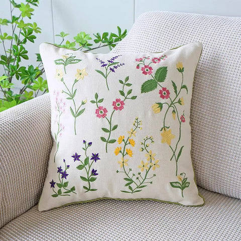 Farmhouse Sofa Decorative Pillows, Embroider Flower Cotton Pillow Covers, Spring Flower Decorative Throw Pillows, Flower Decorative Throw Pillows for Couch-artworkcanvas