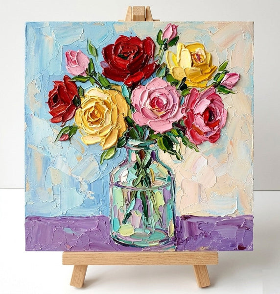 Small Canvas Artwork for Sale, Rose Flowers in Full Bloom, Impasto Heavy Texutre Art, Still Life Painting, Hand Painted Canvas Art, Original Flower Paintings