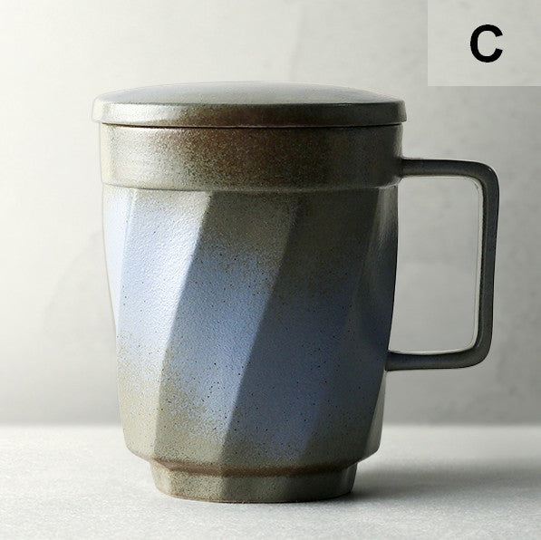 Unique Tea Cup, Large Capacity Coffee Mug with Cover, Large Modern Handmade Pottery Coffee Cup, Creative Brown Green Blue Black Ceramic Coffee Mugs-artworkcanvas