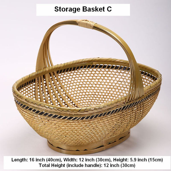Natural Hand-woven Bamboo Basket, Extra Large Picnic Food Basket with Handle, Lovely Bamboo Baskets for Vegetable, Natural Fruit Basket Kitchen Storage Baskets-artworkcanvas