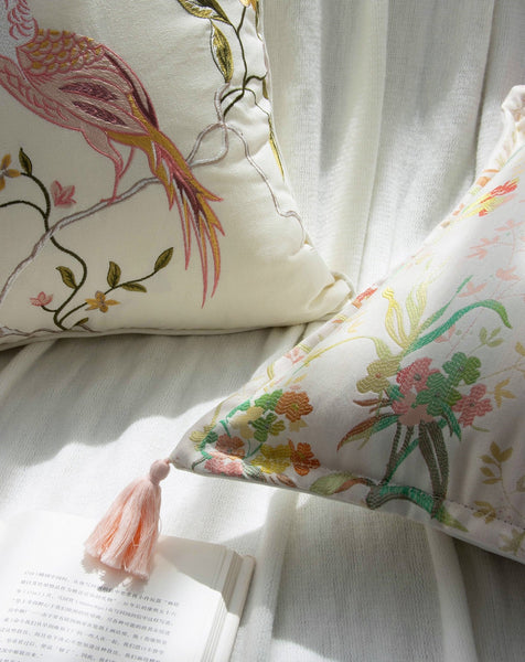 Living Room Decorative Pillows, Modern Decorative Cushions, Decorative Pillows for Bed, Decorative Pillow Arrangement Ideas for Interior Design, Embroidered Floral Bird Pattern Pillow Covers-artworkcanvas