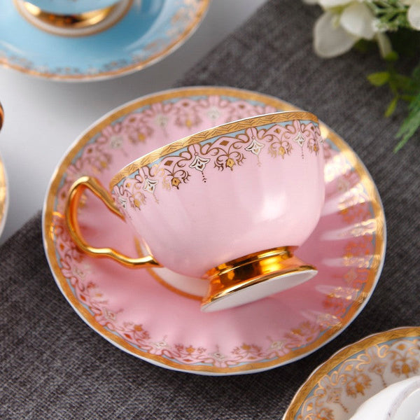 Pink Blue White Bone China Porcelain Tea Cup Set, Unique British Tea Cup and Saucer in Gift Box, Elegant British Ceramic Coffee Cups for Afternoon Tea-artworkcanvas