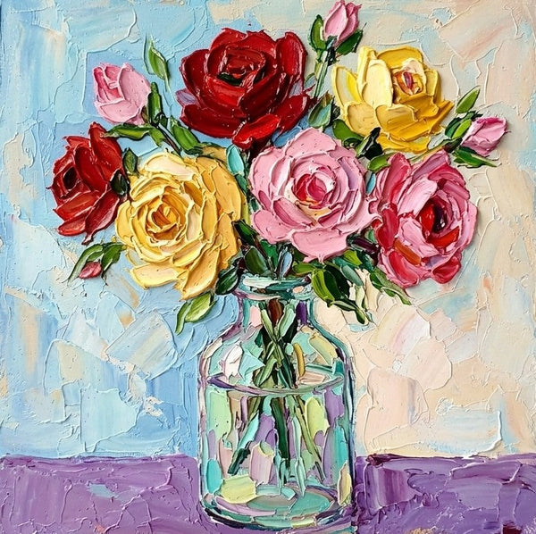 Impasto Heavy Texutre Art, Rose Flowers in Full Bloom, Still Life Painting, Hand Painted Canvas Art, Original Flower Paintings