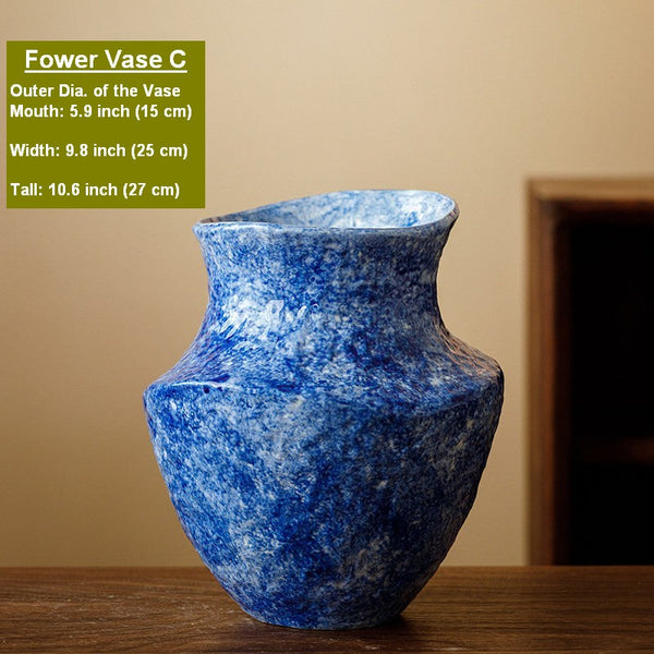 Modern Pottery Flower Vases, Handmade Water Holding Flower Vases, Centerpiece on Dining Table, Blue Pottery Bud Vases, Large Flower Vases on Table-artworkcanvas