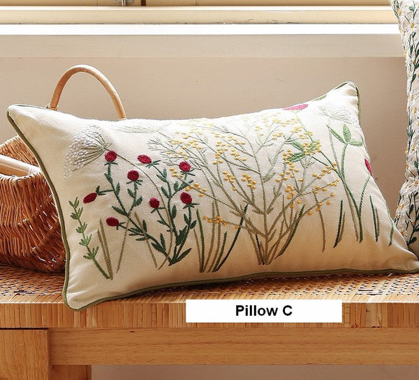 Farmhouse Decorative Pillows for Sofa, Embroider Flower Cotton Pillow Covers, Spring Flower Decorative Pillows for Bedroom, Decorative Pillows for Couch-artworkcanvas