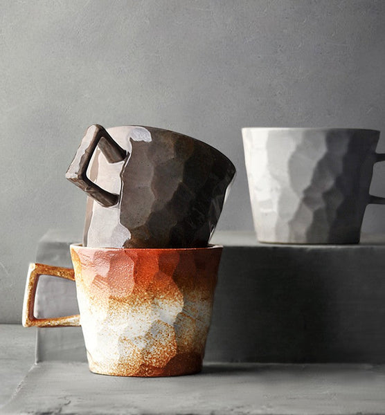 Modern Handmade Pottery Coffee Cup, Creative Brown White Black Blue Ceramic Coffee Mugs, Large Unique Tea Cup, Large Capacity Coffee Cups-artworkcanvas