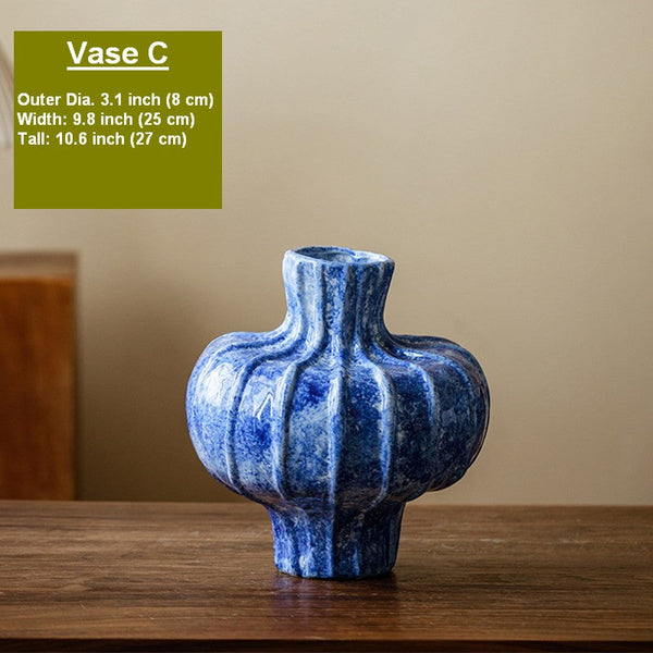 Modern Pottery Flower Vases, Handmade Water Holding Flower Vases, Centerpiece on Dining Table, Blue Ceramic Bud Vases, Tall Flower Vases on Table-artworkcanvas