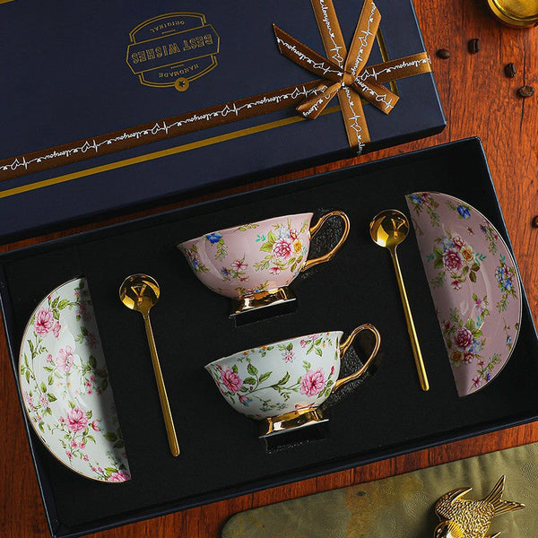 Porcelain Tea Cup Saucer Set of 2 Cups, Flower Tea Cup and Saucer Set in Gift Box, Floral Ceramic Coffee Cup with Saucer, Beautiful British Tea Cup and Saucer-artworkcanvas