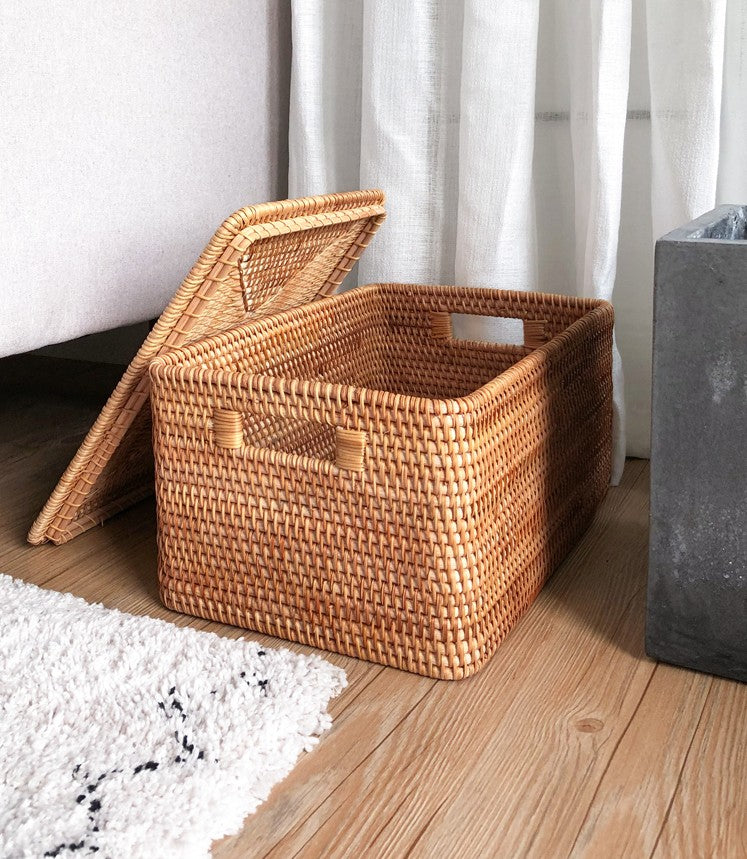 Large Rectangular Rattan Storage Basket With Handles For Kitchen And Bedroom Organization