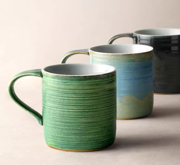 Blue Green Black Ceramic Coffee Mugs, Creative Handmade Coffee Mugs, Large Modern Handmade Pottery Coffee Cup, Large Capacity Coffee Mugs-artworkcanvas