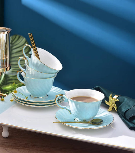 Elegant British Tea Cup and Saucer in Gift Box, Blue Bone China Porcelain Tea Cup Set, Unique British Ceramic Coffee Cups for Afternoon Tea-artworkcanvas