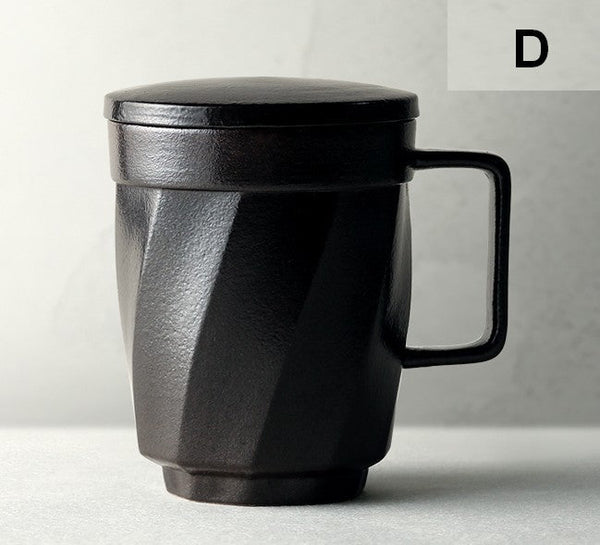 Large Modern Handmade Pottery Coffee Cup, Creative Brown Green Blue Black Ceramic Coffee Mugs, Large Unique Tea Cup, Large Capacity Coffee Mug with Cover-artworkcanvas