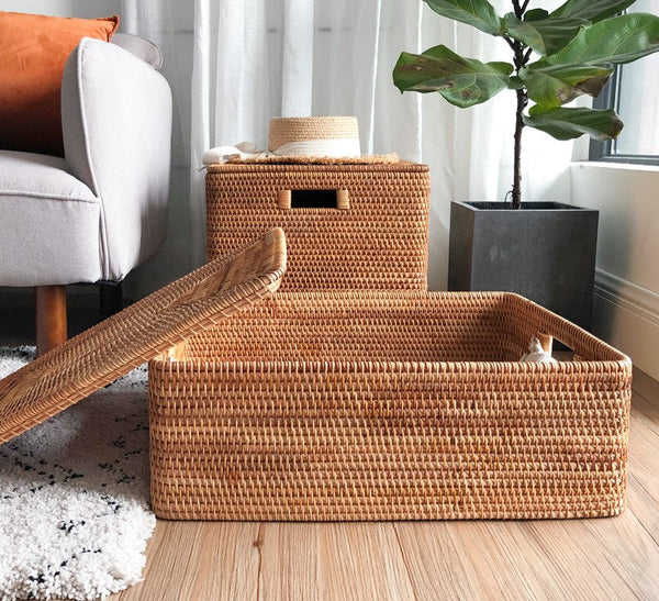 Rattan Rectangular Storage Basket with Lid, Extra Large Storage Baskets for Clothes, Storage Baskets for Bedroom, Woven Storage Baskets for Living Room-artworkcanvas