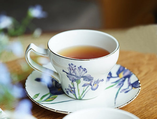 Beautiful Porcelain Tea Cup Saucer Set, Iris Flower British Tea Cups, Traditional English Tea Cup and Saucer, Unique Ceramic Coffee Cups in Gift Box-artworkcanvas