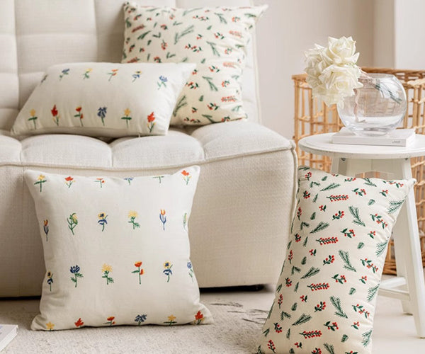 Embroider Flower Cotton Pillow Covers, Spring Flower Decorative Pillows for Bedroom, Decorative Pillows for Couch, Farmhouse Decorative Pillows for Sofa-artworkcanvas