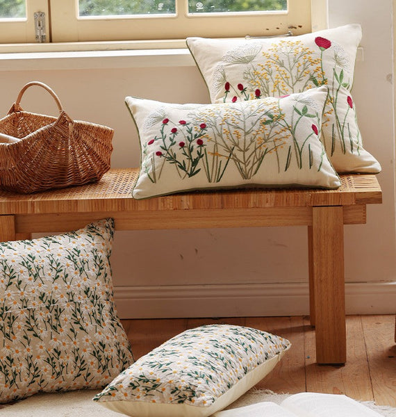 Farmhouse Decorative Pillows for Sofa, Embroider Flower Cotton Pillow Covers, Spring Flower Decorative Pillows for Bedroom, Decorative Pillows for Couch-artworkcanvas