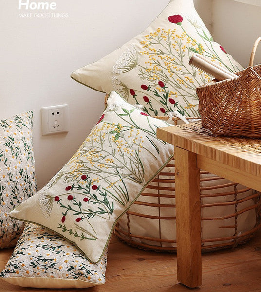 Farmhouse Decorative Pillows for Sofa, Embroider Flower Cotton Pillow Covers, Spring Flower Decorative Pillows for Bedroom, Decorative Pillows for Couch-artworkcanvas