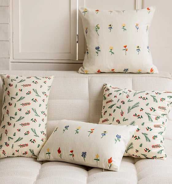 Embroider Flower Cotton Pillow Covers, Spring Flower Decorative Pillows for Bedroom, Decorative Pillows for Couch, Farmhouse Decorative Pillows for Sofa-artworkcanvas