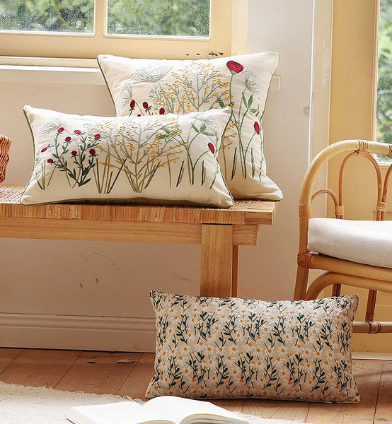 Farmhouse Decorative Pillows for Sofa, Embroider Flower Cotton Pillow Covers, Spring Flower Decorative Pillows for Bedroom, Decorative Pillows for Couch-artworkcanvas