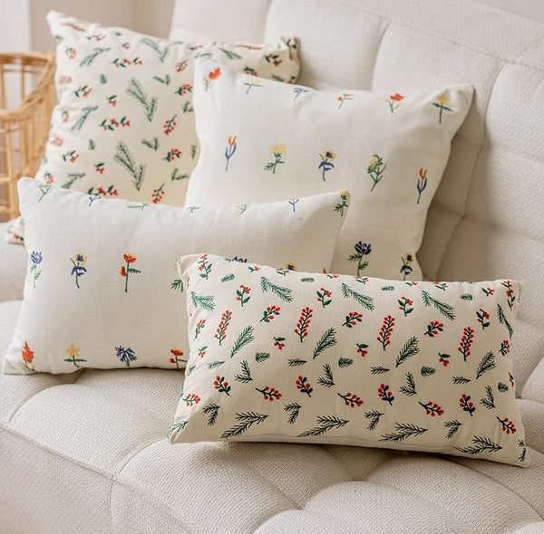 Embroider Flower Cotton Pillow Covers, Spring Flower Decorative Pillows for Bedroom, Decorative Pillows for Couch, Farmhouse Decorative Pillows for Sofa-artworkcanvas