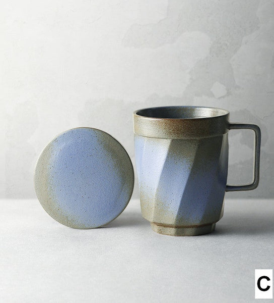 Unique Tea Cup, Large Capacity Coffee Mug with Cover, Large Modern Handmade Pottery Coffee Cup, Creative Brown Green Blue Black Ceramic Coffee Mugs-artworkcanvas