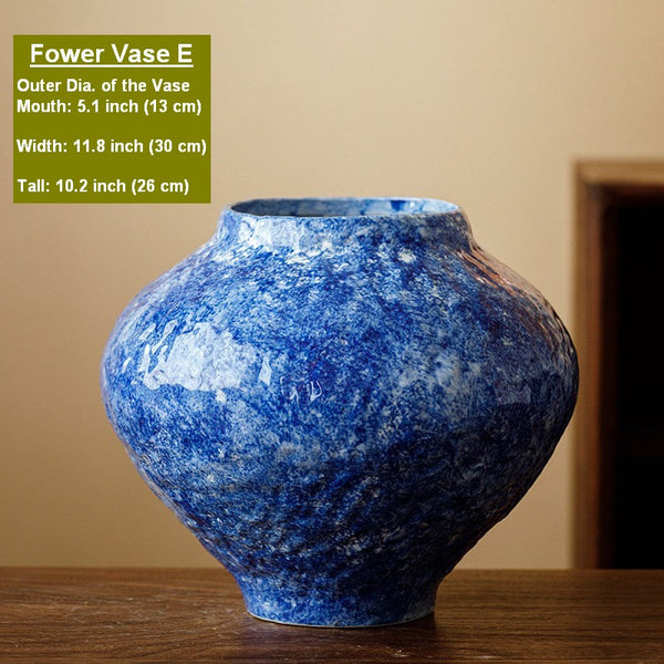 Modern Pottery Flower Vases, Handmade Water Holding Flower Vases, Centerpiece on Dining Table, Blue Pottery Bud Vases, Large Flower Vases on Table-artworkcanvas